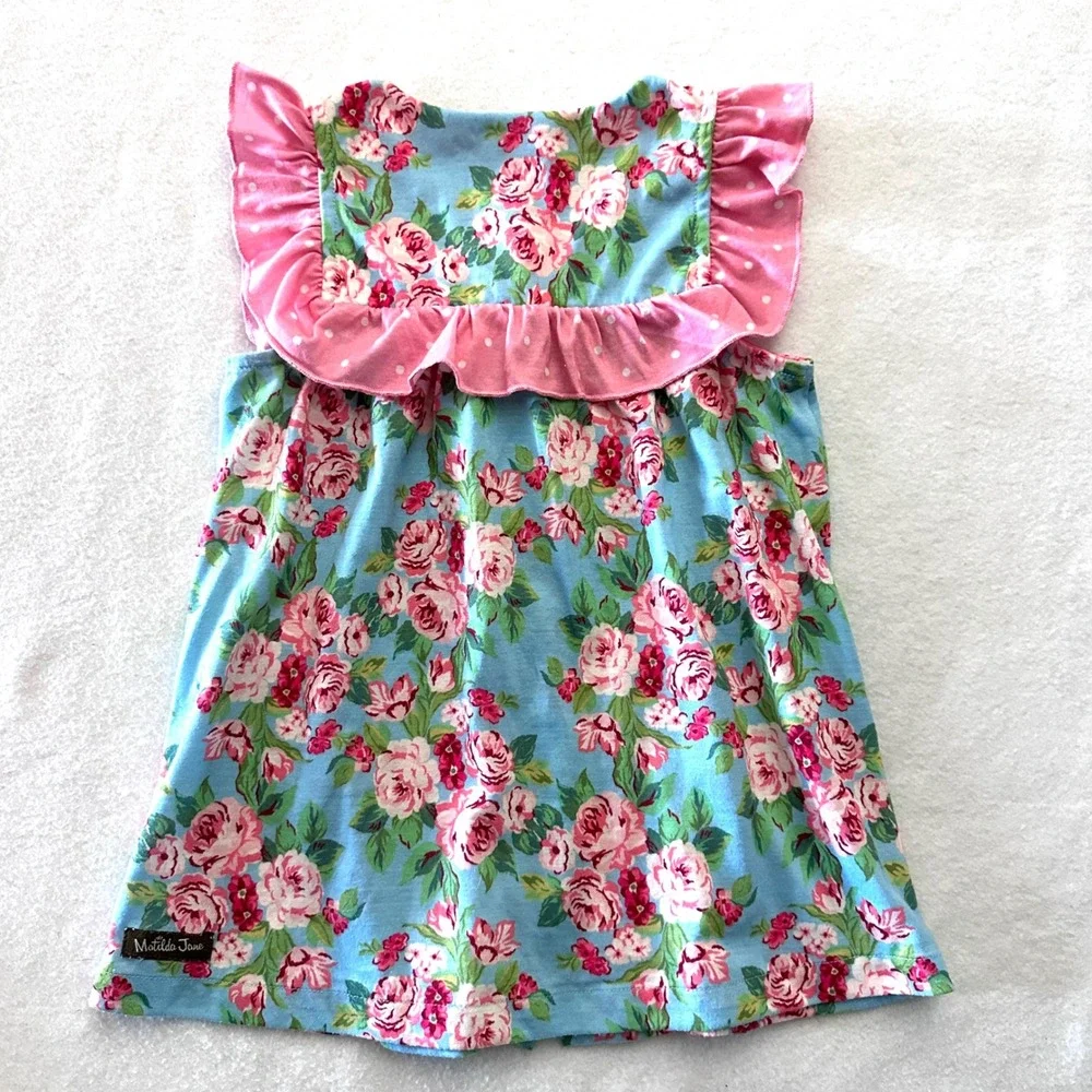 Matilda Jane Girls 6 Floral Tunic Top Ruffle Blue Pink Rose Flame Reaiatant
